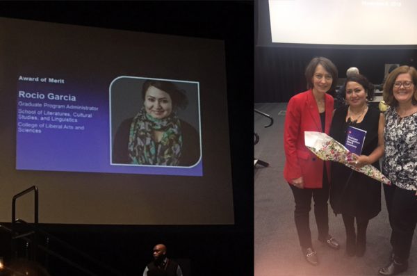 Side-by-side images of a screen showing Ms. García's accomplishments; Ms. García holding flowers and surrounded by Provost Poser and LCSL Interim Director Sara Hall
