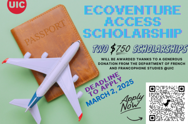 Infographic describing the scholarship with image of a leather passport and toy airplane. QR code allows applicants to access the form.